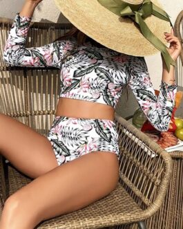 Long Sleeve Tropical Print Tankini Set