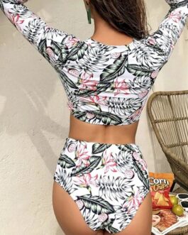 Long Sleeve Tropical Print Tankini Set