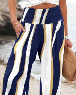 Colorblock Shirred High Waist Wide Leg Pants